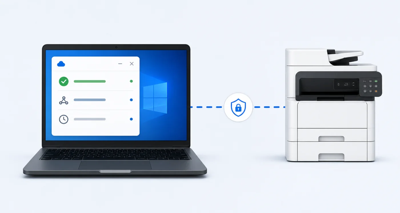 A Windows laptop securely connected to an office printer