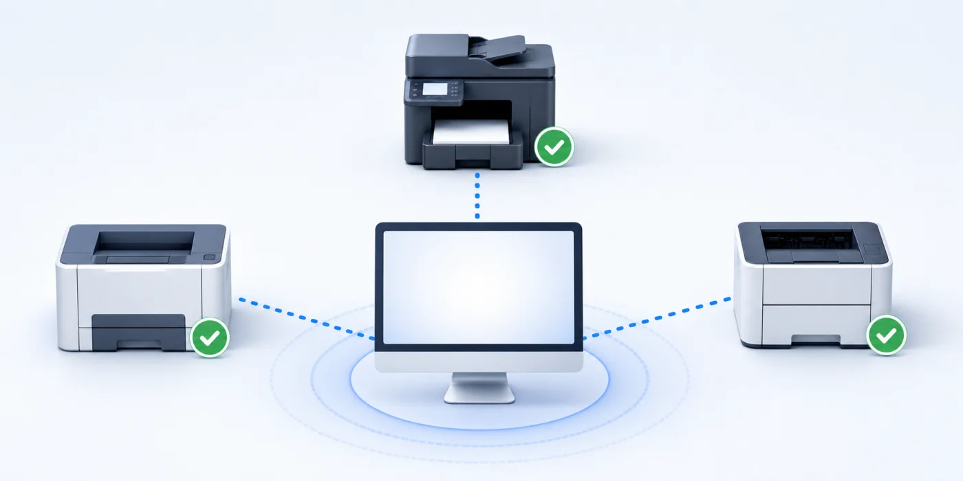 A computer discovering three printers on the local network